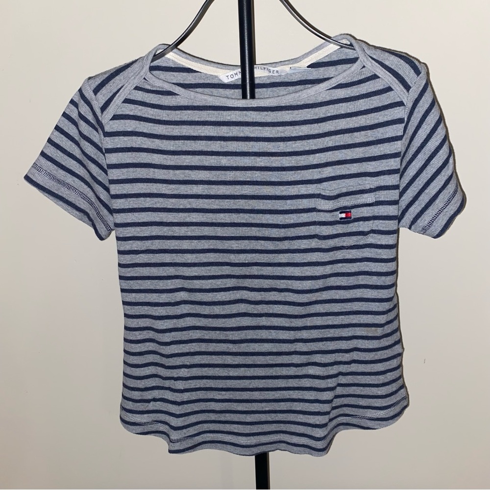 Tommy Hilfiger Size Large Navy And Grey Striped Baby Tee Vintage Y2K